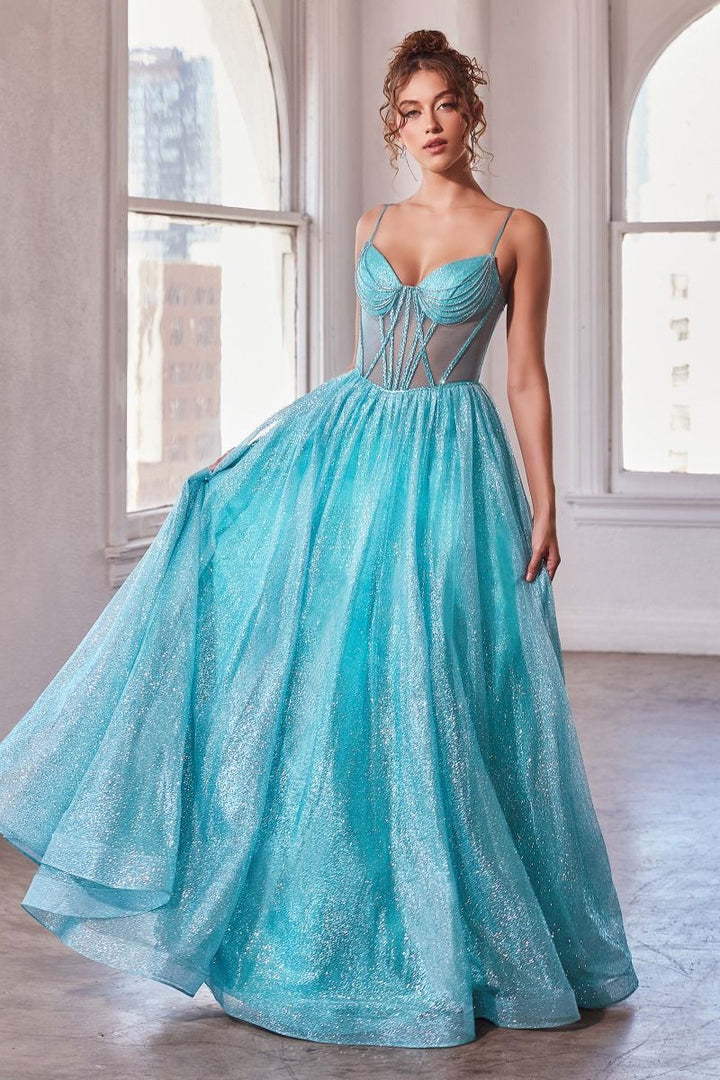 Glitter A-Line Sheer Bodice V-Neck Long Ball Dress CDCD832-4