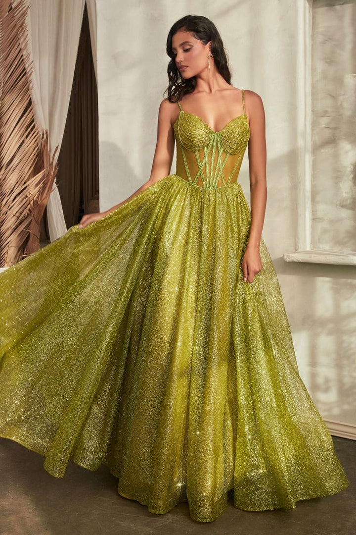 Glitter A-Line Sheer Bodice V-Neck Long Ball Dress CDCD832-1