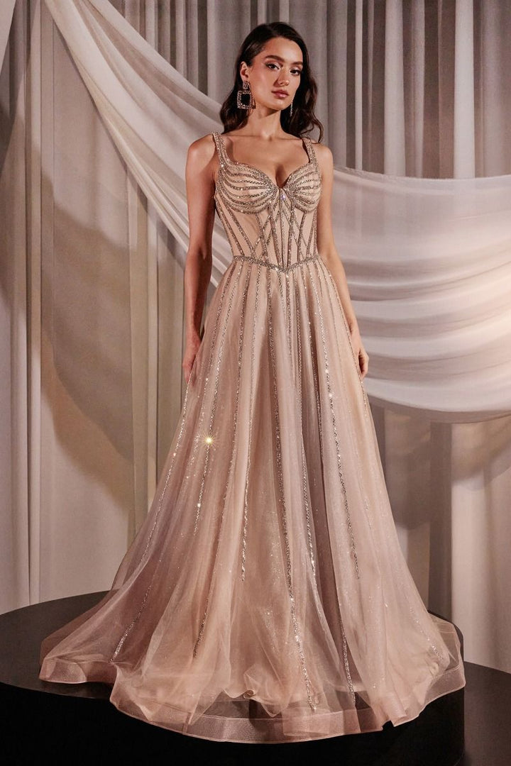 Embellished Bodice A-Line Layered Tulle Straps Long Prom Dress CDCD849-3
