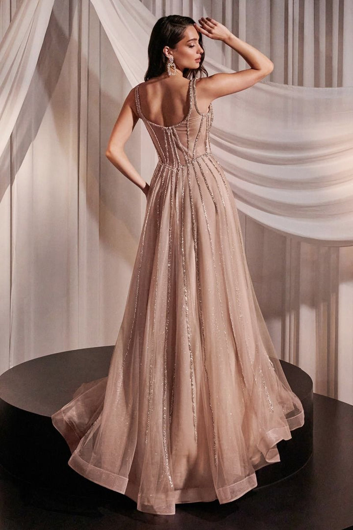 Embellished Bodice A-Line Layered Tulle Straps Long Prom Dress CDCD849-2