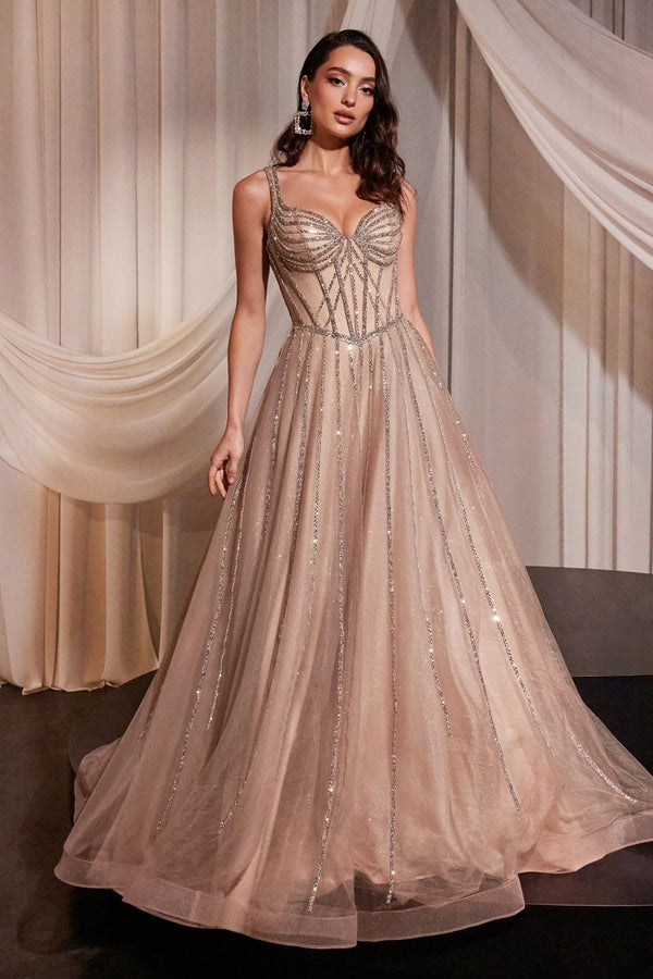 Embellished Bodice A-Line Layered Tulle Straps Long Prom Dress CDCD849-0