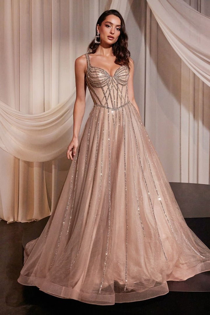 Embellished Bodice A-Line Layered Tulle Straps Long Prom Dress CDCD849-0