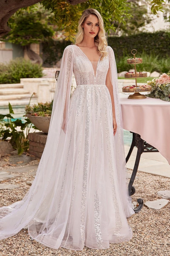 Sheer Long Sleeves A-Line Illusion V-Neck A-Line Long Wedding Dress CDCD852W-3