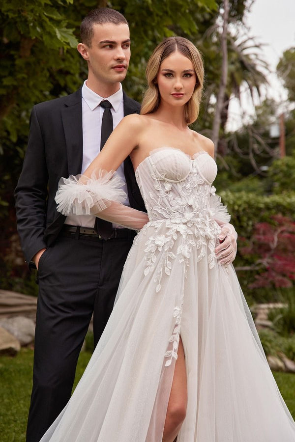 Strapless A-Line With Gloves Side Slit Tulle Skirt Long Wedding Dress CDCD859W-0