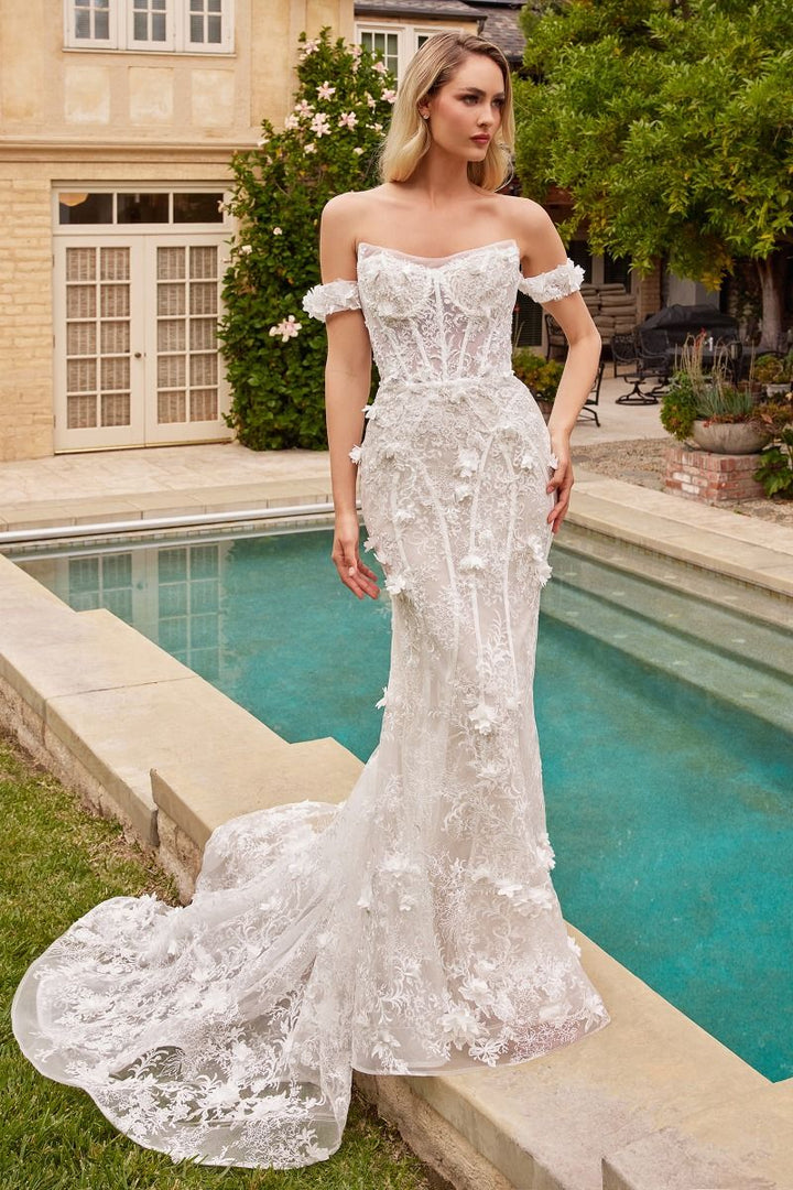 Fit & Flare With Removable Skirt Off Shoulder Long Wedding Dress CDCD861W-4