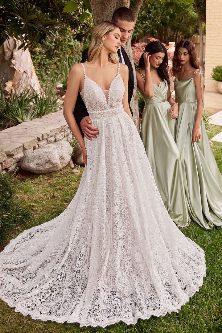 Embroidered Lace A-Line Removable Jacket Illusion V-Neck Long Wedding Dress CDCD862W-4