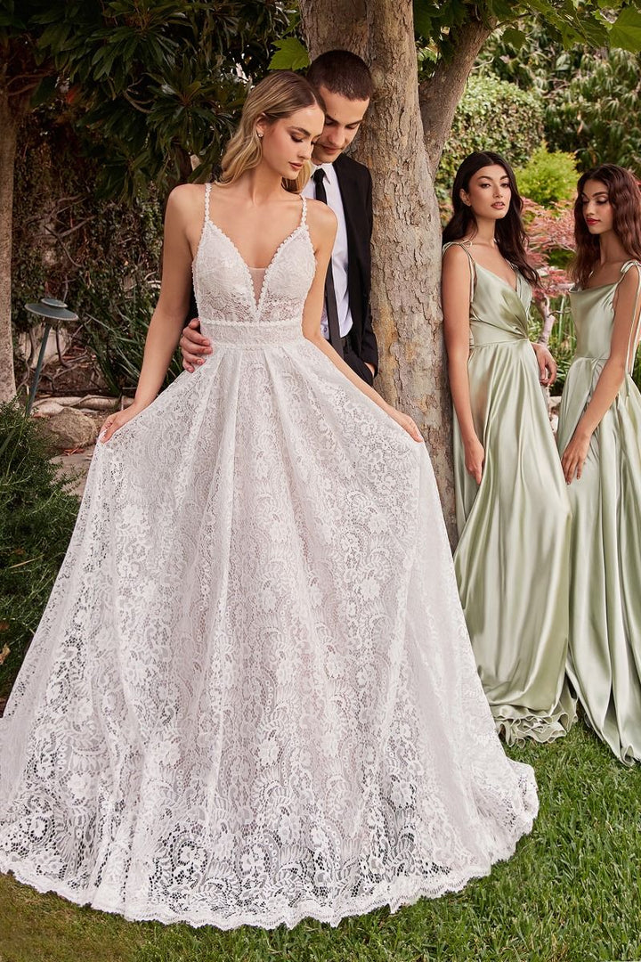 Embroidered Lace A-Line Removable Jacket Illusion V-Neck Long Wedding Dress CDCD862W-2