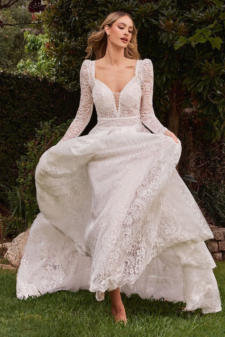 Embroidered Lace A-Line Removable Jacket Illusion V-Neck Long Wedding Dress CDCD862W-1