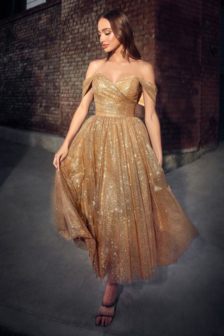 Off The Shoulder Embellished Glitter Open Back Sweetheart Tea Length Prom Dress CDCD870-2
