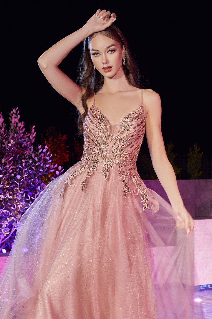 Layered Tulle A-Line Deep V-neck Glittery Embroidered Bodice Long Prom & Bridesmaid Dress CDCD874-1
