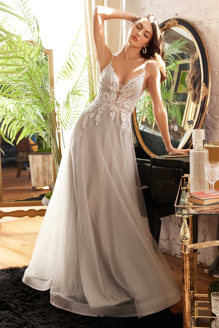 Layered Tulle A-Line Deep V-neck Glittery Embroidered Bodice Long Prom & Bridesmaid Dress CDCD874-3