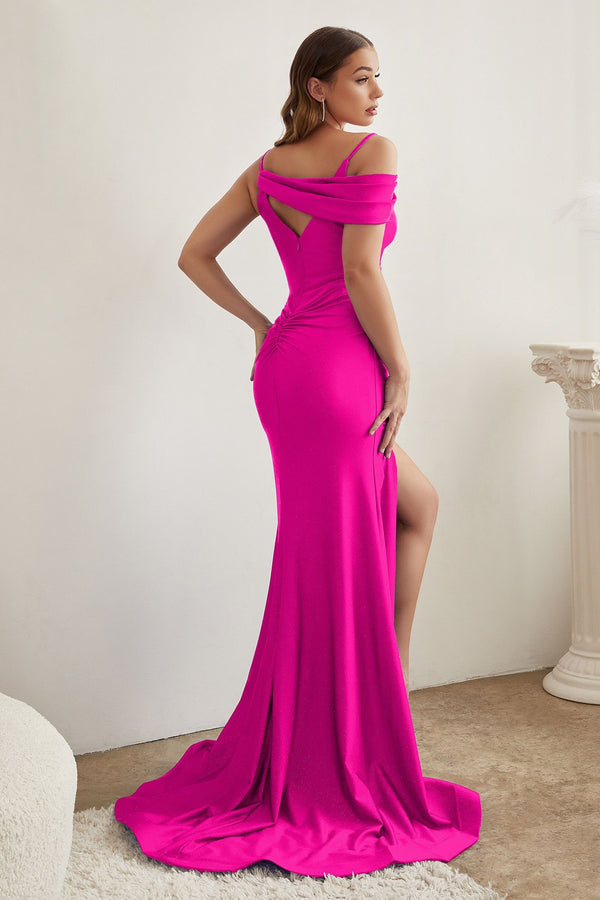 Assymetrical Shoulder V-Neck Glittery Bodice Sexy Stretch Long Prom Dress CDCD881-0