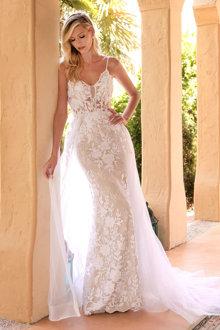 Lace Mermaid Silhouette Overskirt V-neck Mid Open Back Bodice Long Wedding & Bridal Dress CDCD931W-3
