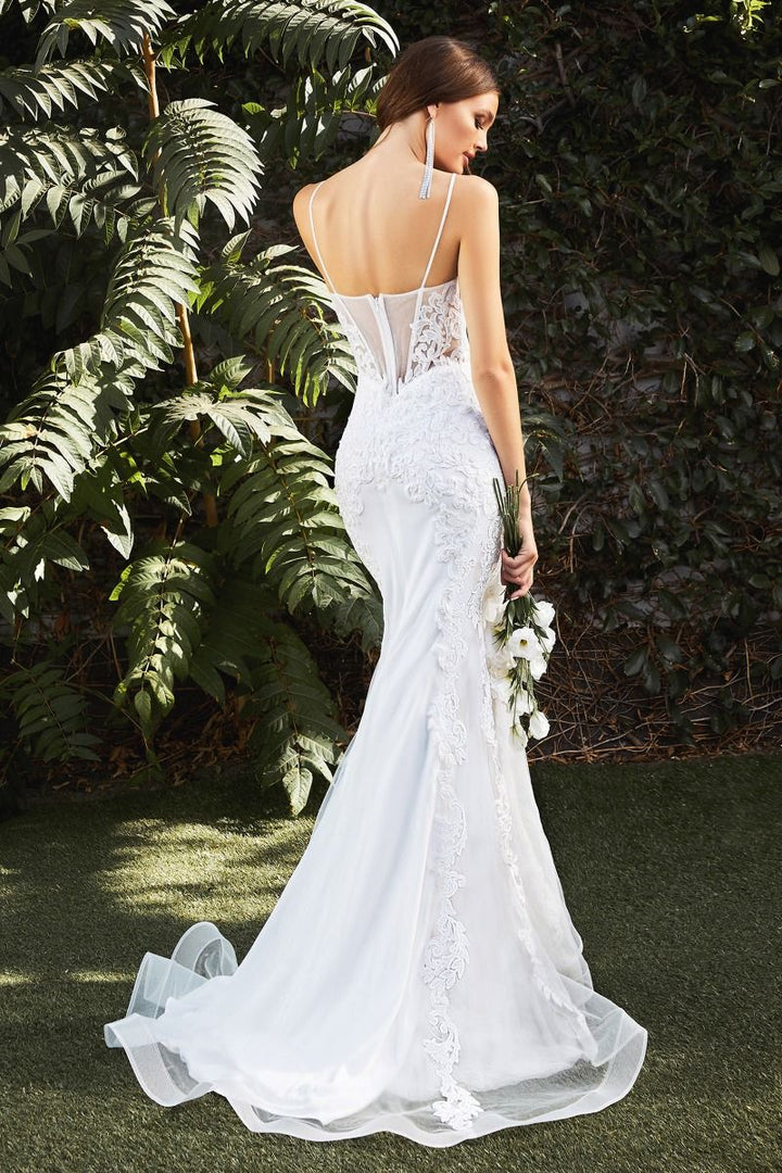 Mermaid Illusion Structured V-neck Bodice Sheer Leg Slit Long Bridal & Wedding Dress CDCD937W-1