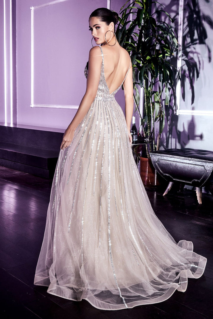 A-Line Luxury Embellished Prom Deep V-Neckline Backless Bodice Long Prom Dress CDCD940-3