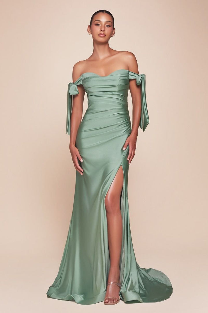 Stretch Jersey Gathered Off or On Shoulder Bodice Leg Slit Long Prom & Bridesmaid Dress CDCD943-7