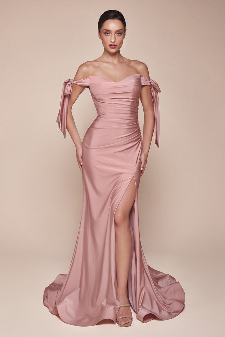 Stretch Jersey Gathered Off or On Shoulder Bodice Leg Slit Long Prom & Bridesmaid Dress CDCD943-0