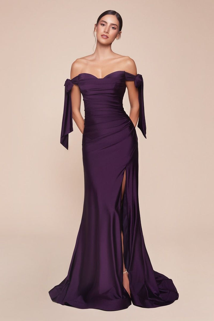 Stretch Jersey Gathered Off or On Shoulder Bodice Leg Slit Long Prom & Bridesmaid Dress CDCD943-8