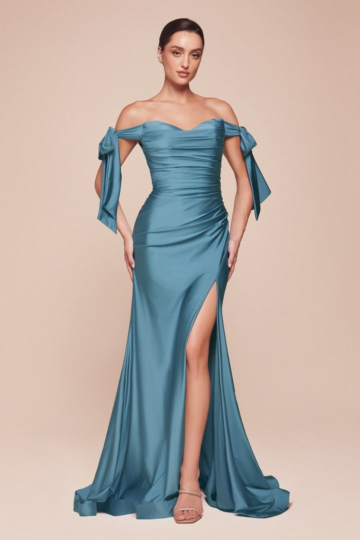 Fitted Jersey On Off Shoulder Bodice Relaxed Trumpet Long Prom & Bridesmaid Dress CDCD943C-5