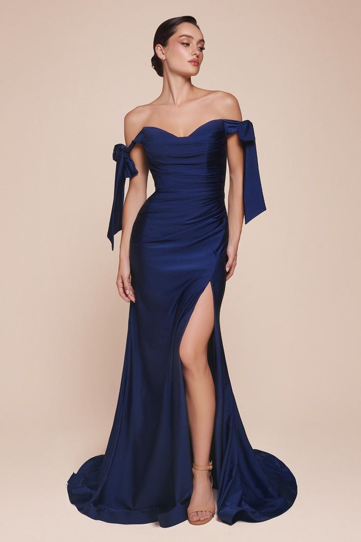 Fitted Jersey On Off Shoulder Bodice Relaxed Trumpet Long Prom & Bridesmaid Dress CDCD943C-7