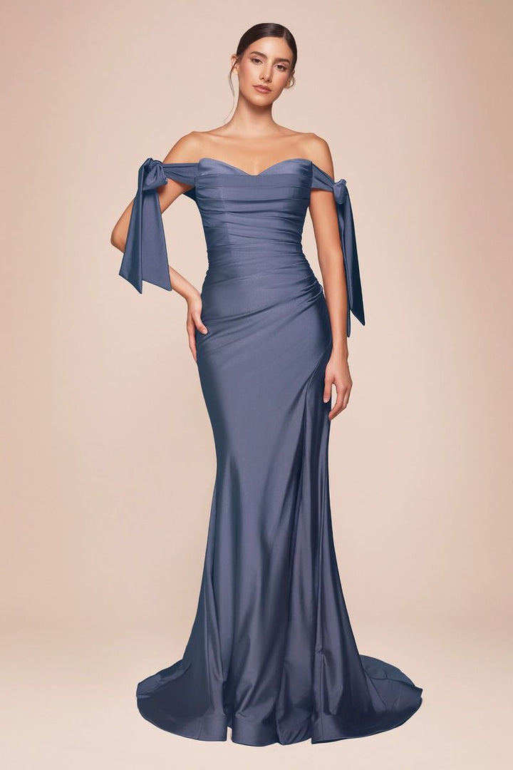 Fitted Jersey On Off Shoulder Bodice Relaxed Trumpet Long Prom & Bridesmaid Dress CDCD943C-12