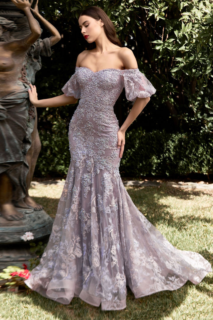 Off Shoulder Mermaid Embellished Flowers Mid Back Short Puff Sleeves Long Prom & Bridesmaid Dress-1