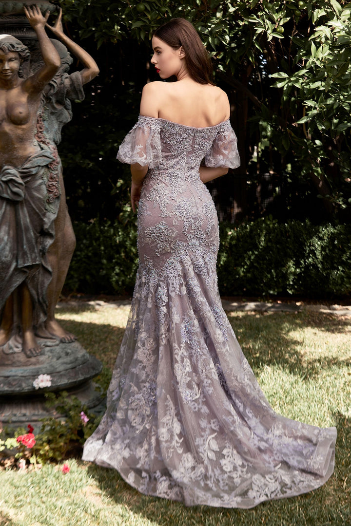 Off Shoulder Mermaid Embellished Flowers Mid Back Short Puff Sleeves Long Prom & Bridesmaid Dress-2