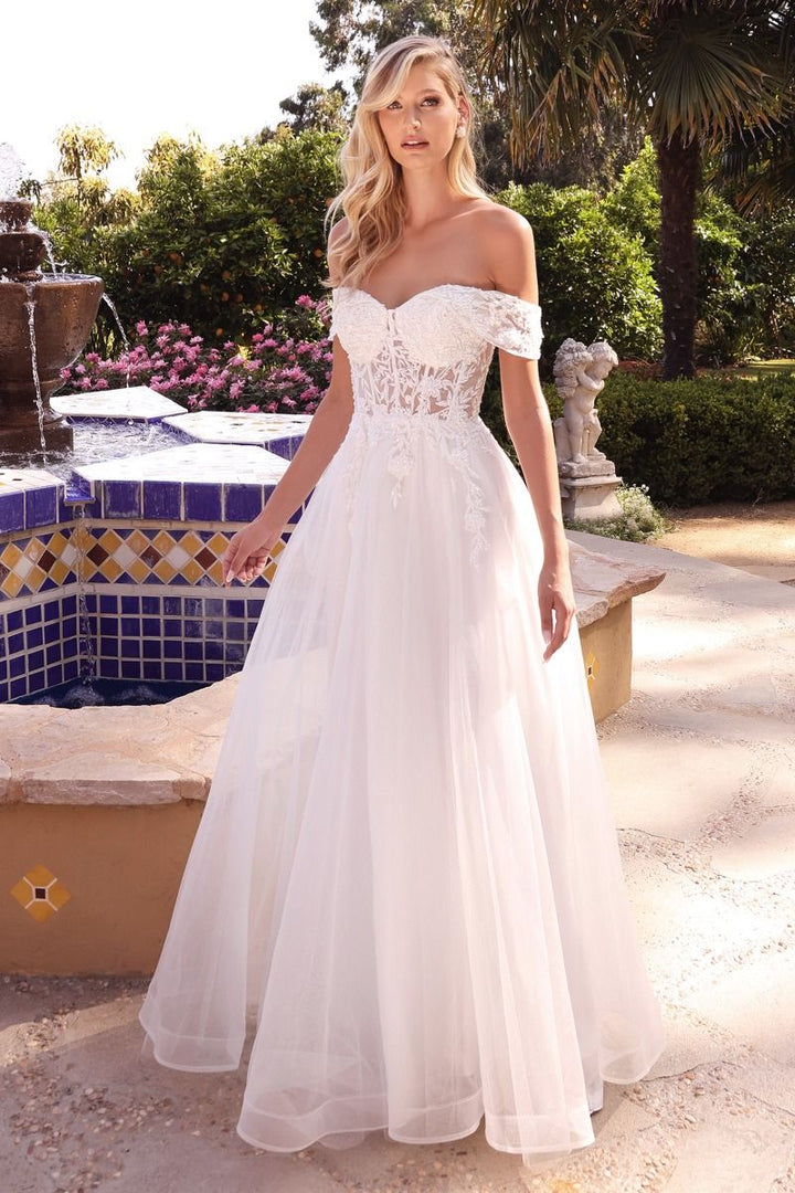 Off Shoulder Embellished Floral Laced A-line Tulle Skirt Long Bridal & Wedding Dress CDCD961W-3