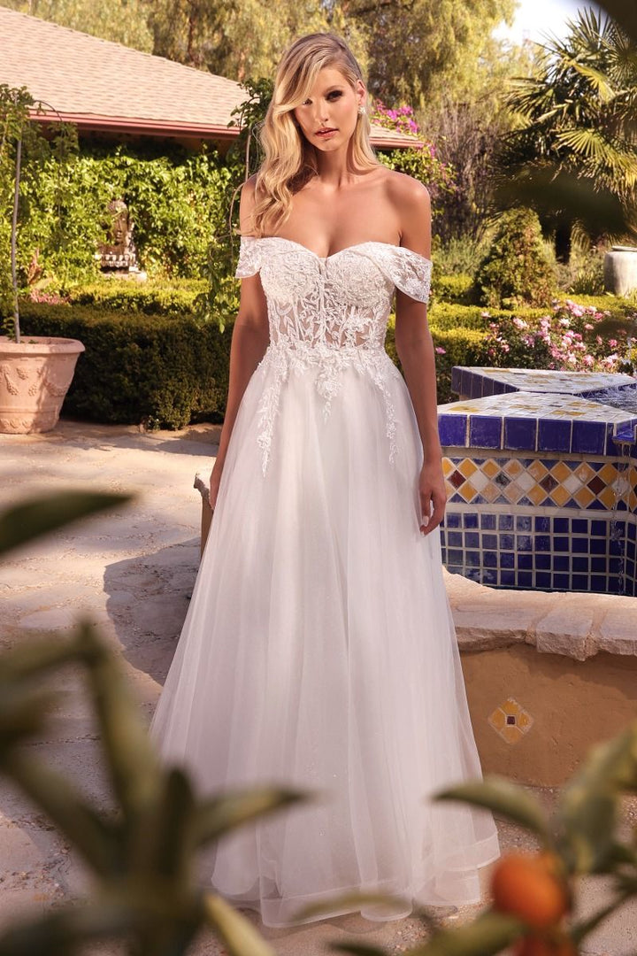 Off Shoulder Embellished Floral Laced A-line Tulle Skirt Long Bridal & Wedding Dress CDCD961W-2