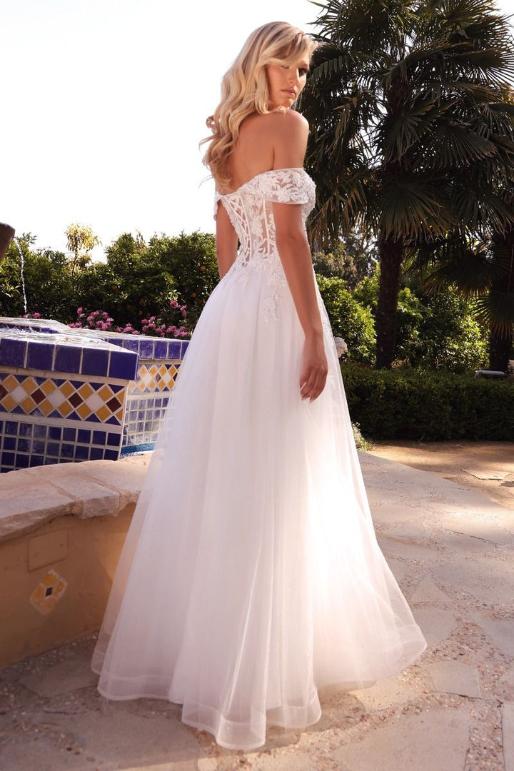 Off Shoulder Embellished Floral Laced A-line Tulle Skirt Long Bridal & Wedding Dress CDCD961W-1