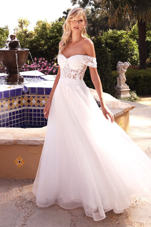 Off Shoulder Embellished Floral Laced A-line Tulle Skirt Long Bridal & Wedding Dress CDCD961W-0