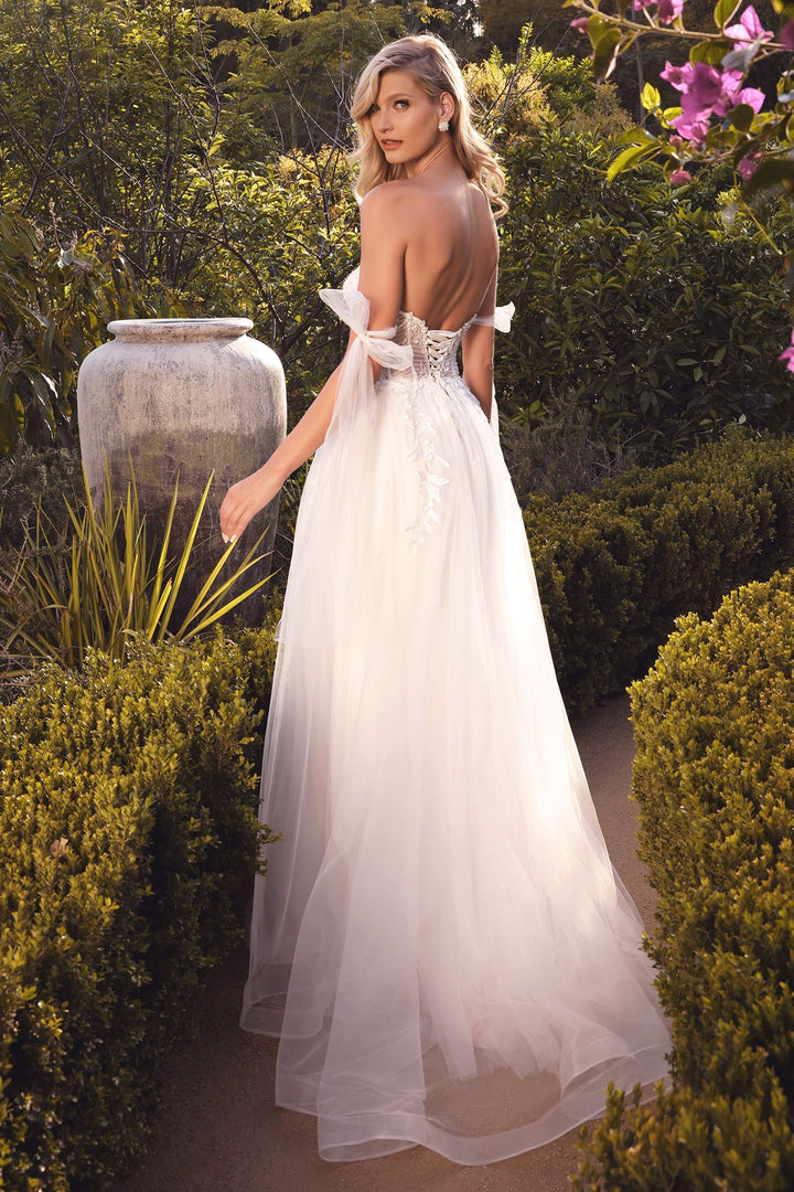 A-line Floral Bodice Bow Tied Straps and Corset Back Tulle Skirt Long Wedding Dress CDCD964W-2