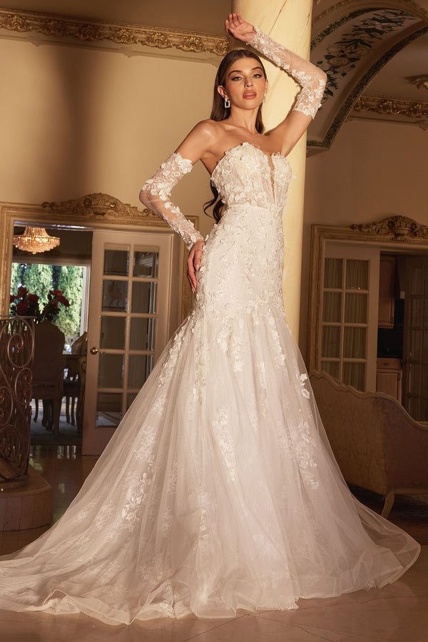 Long Detachable Sleeves Off Shoulder Strapless Mermaid Layered Long Wedding Dress CDCD977W-0