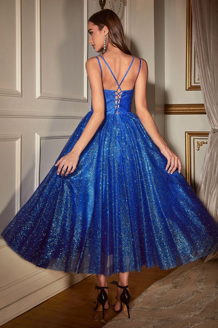 Embellished Glitter Flocked Illusion V-Neck Tea Length Prom Dress CDCD996T-4
