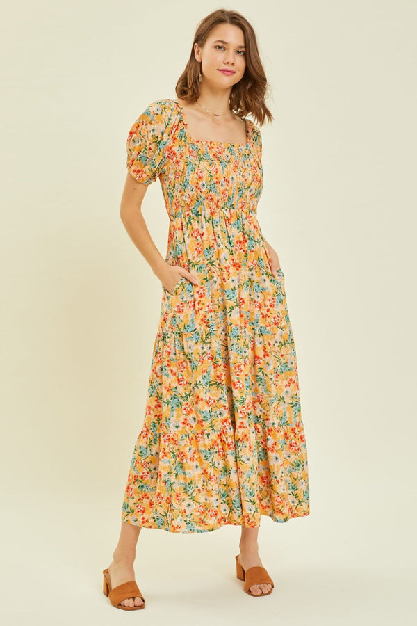 HEYSON Full Size Floral Smocked Tiered Midi Dress-0