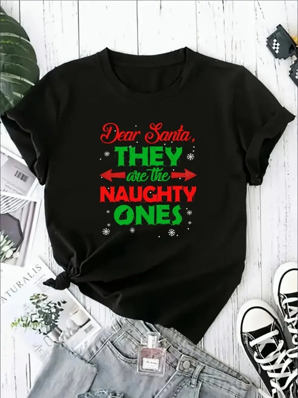 Women's Plus Size Casual T-Shirt, Festive Dear Santa, They Are The Naughty Ones Print, Short Sleeve, Round Neck, Solid Color, All Seasons