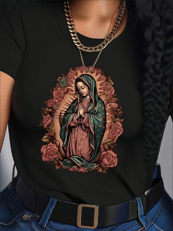 Women's Casual Faith-Inspired T-Shirt - Soft Polyester & Spandex Blend, Crew Neck, Short Sleeve, Machine Washable