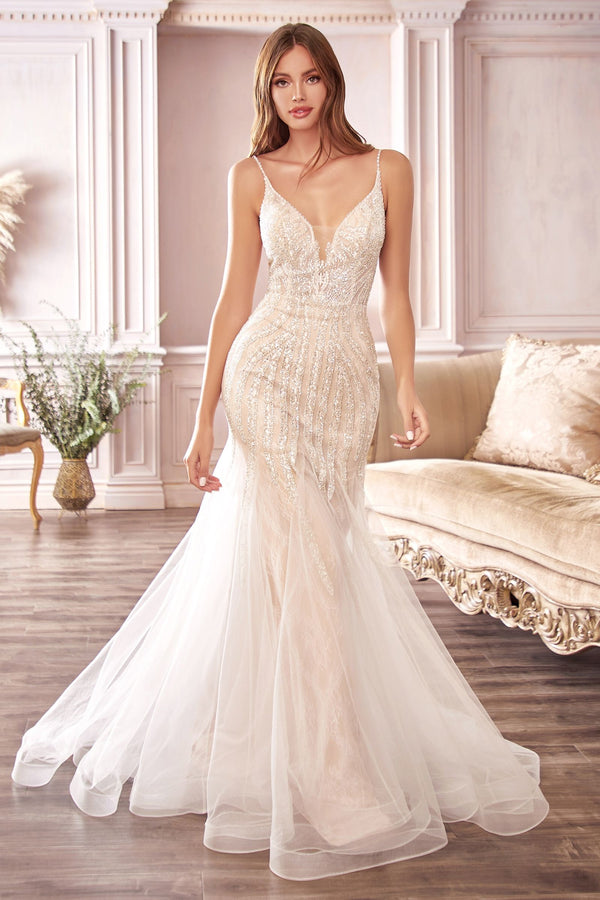Beaded Mermaid Deep V-Neck Embroidered Bodice Open Back Long Wedding Dress CDCDS401-0