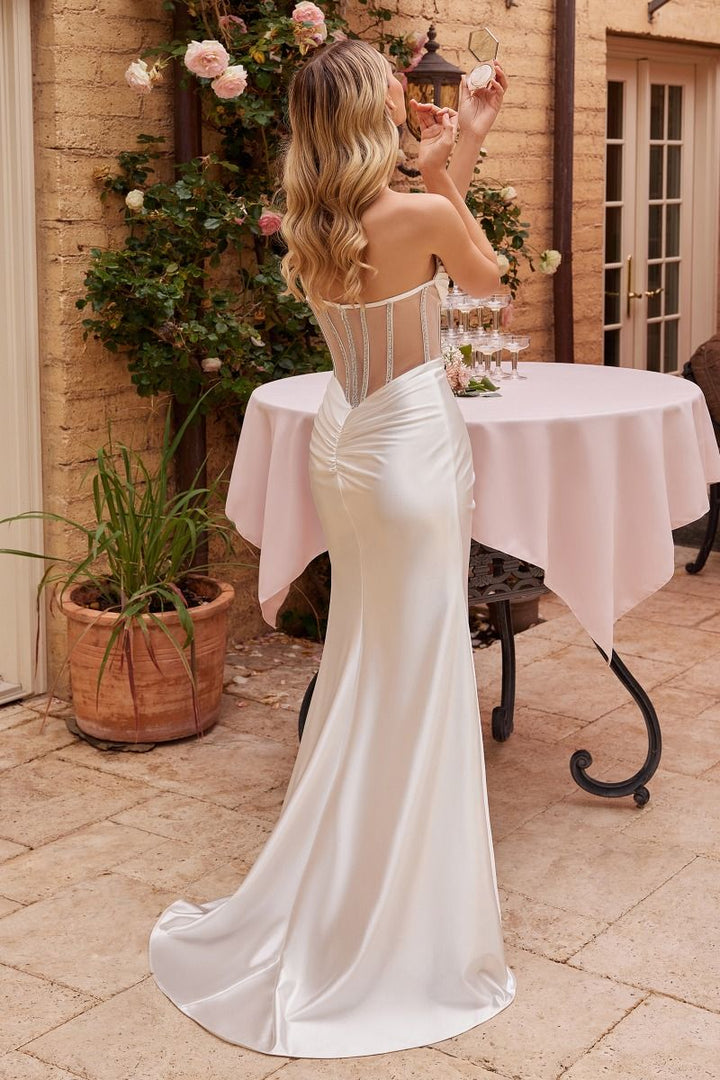 Embellished Satin Sheer Corset Strapless Embellished Jewel Long Wedding Dress CDCDS423W-2