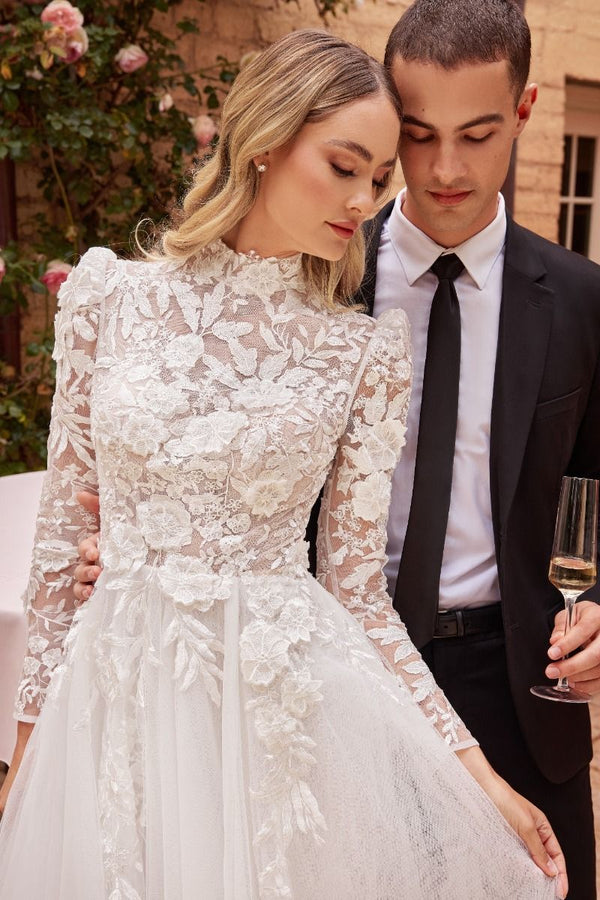 Long Sleeves Embroidered Lace High Neck Long Wedding Dress CDCDS433W-0