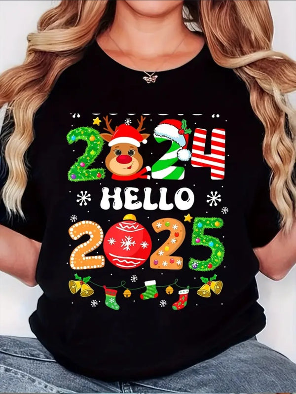 Hello 2025 Festive T-Shirt For Women - Comfy Crew Neck, Short Sleeve Casual Tee With Unique Christmas Print