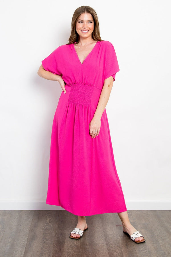 Be Stage Full Size Shirred Front Short Sleeve Maxi Dress-0