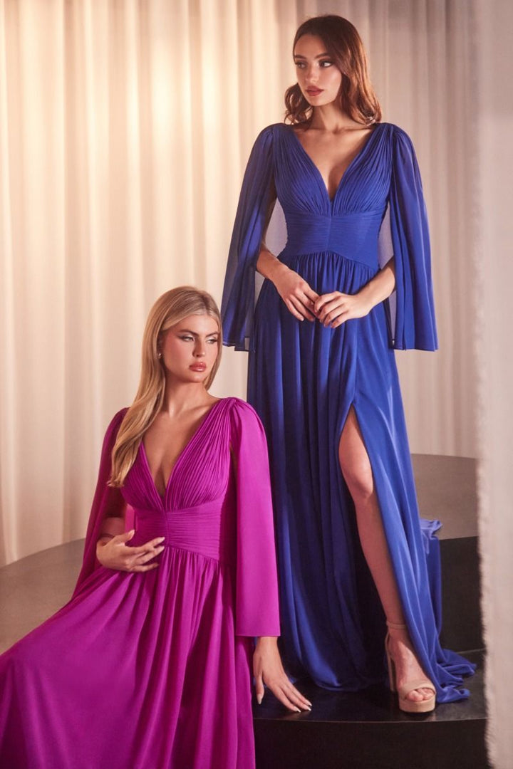 Chiffon A-Line Caplet Side Slit V-Neck Long Mother Of The Bride Dress CDCH028-0