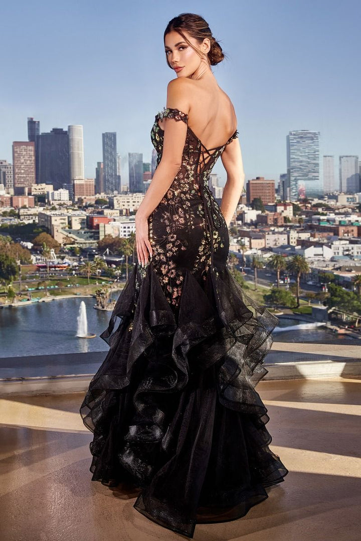 Off Shoulder Mermaid Sweetheart Floral Applique Long Prom Dress CDCM354-1