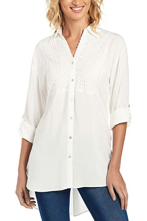 Cupio Collared Button Down 2 Way Sleeve Embellished Hi-Low Hem Viscose Top-0