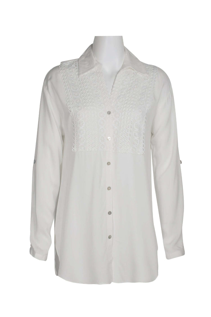 Cupio Collared Button Down 2 Way Sleeve Embellished Hi-Low Hem Viscose Top-2