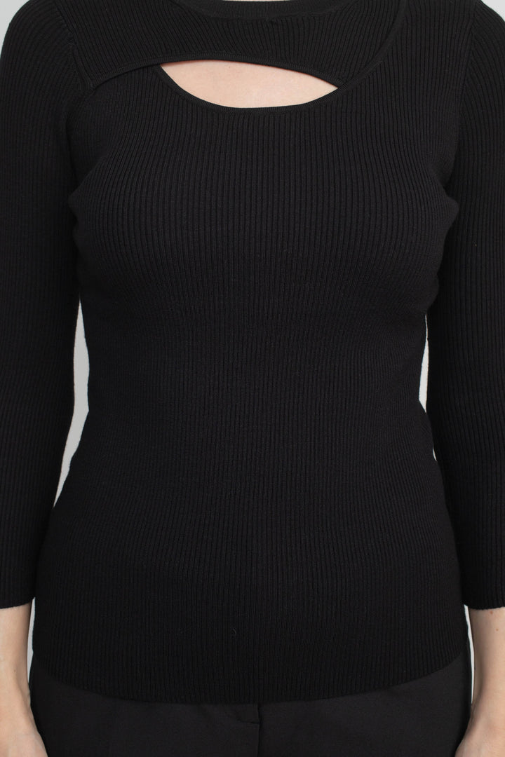 Joan Vass NY Crew Neck 3/4 Sleeve Ribbed Pullover Cutout Chest Detail Knit Top-3
