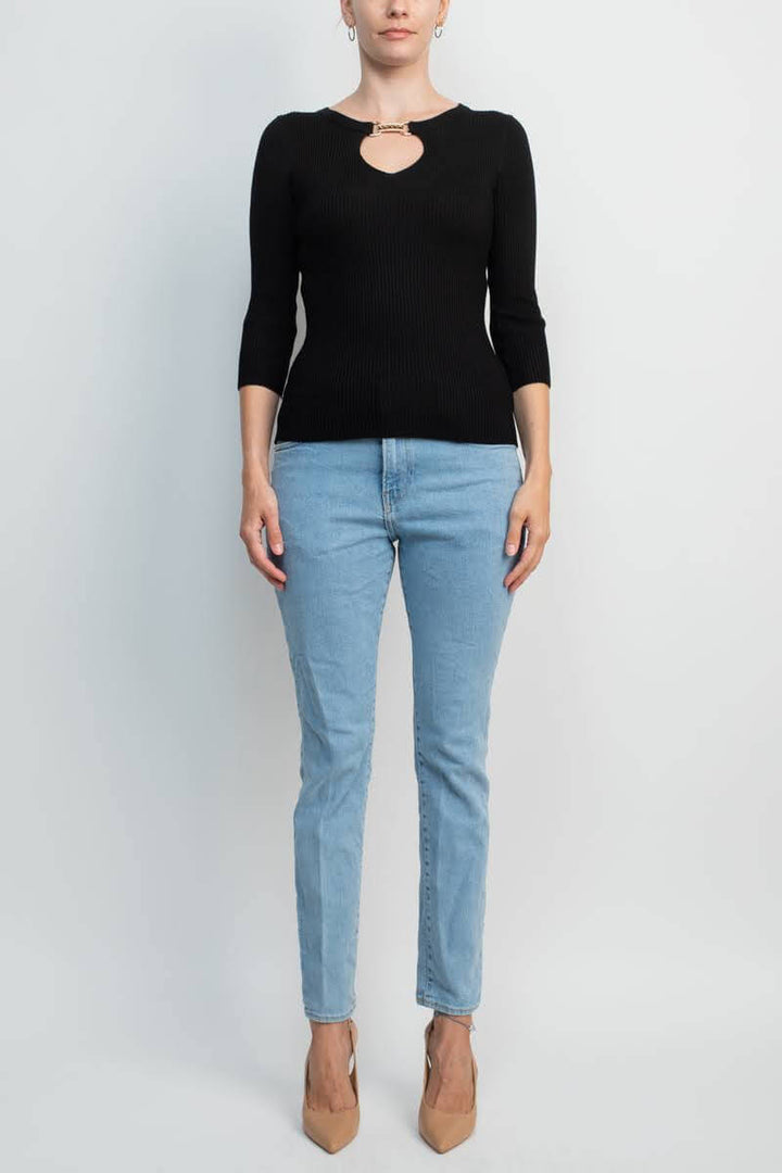 Carmen by Carmen Marc Valvo Boat Neck Cutout Front 3/4 Sleeve Ribbed Pullover Gold and Crystal Hardware Trim Solid Knit Top-4