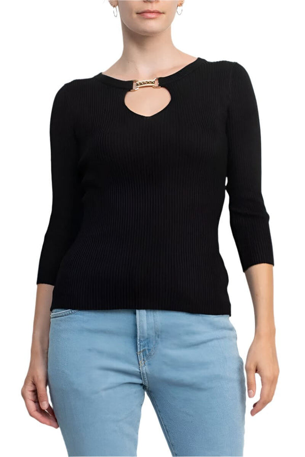 Carmen by Carmen Marc Valvo Boat Neck Cutout Front 3/4 Sleeve Ribbed Pullover Gold and Crystal Hardware Trim Solid Knit Top-0