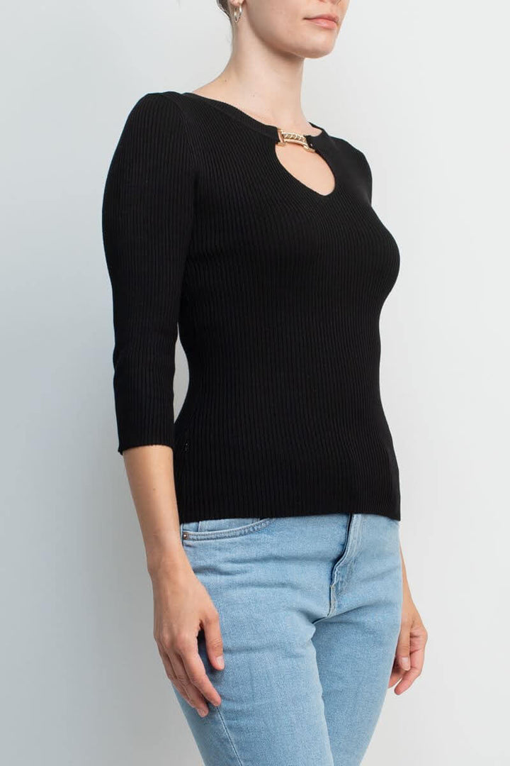 Carmen by Carmen Marc Valvo Boat Neck Cutout Front 3/4 Sleeve Ribbed Pullover Gold and Crystal Hardware Trim Solid Knit Top-1